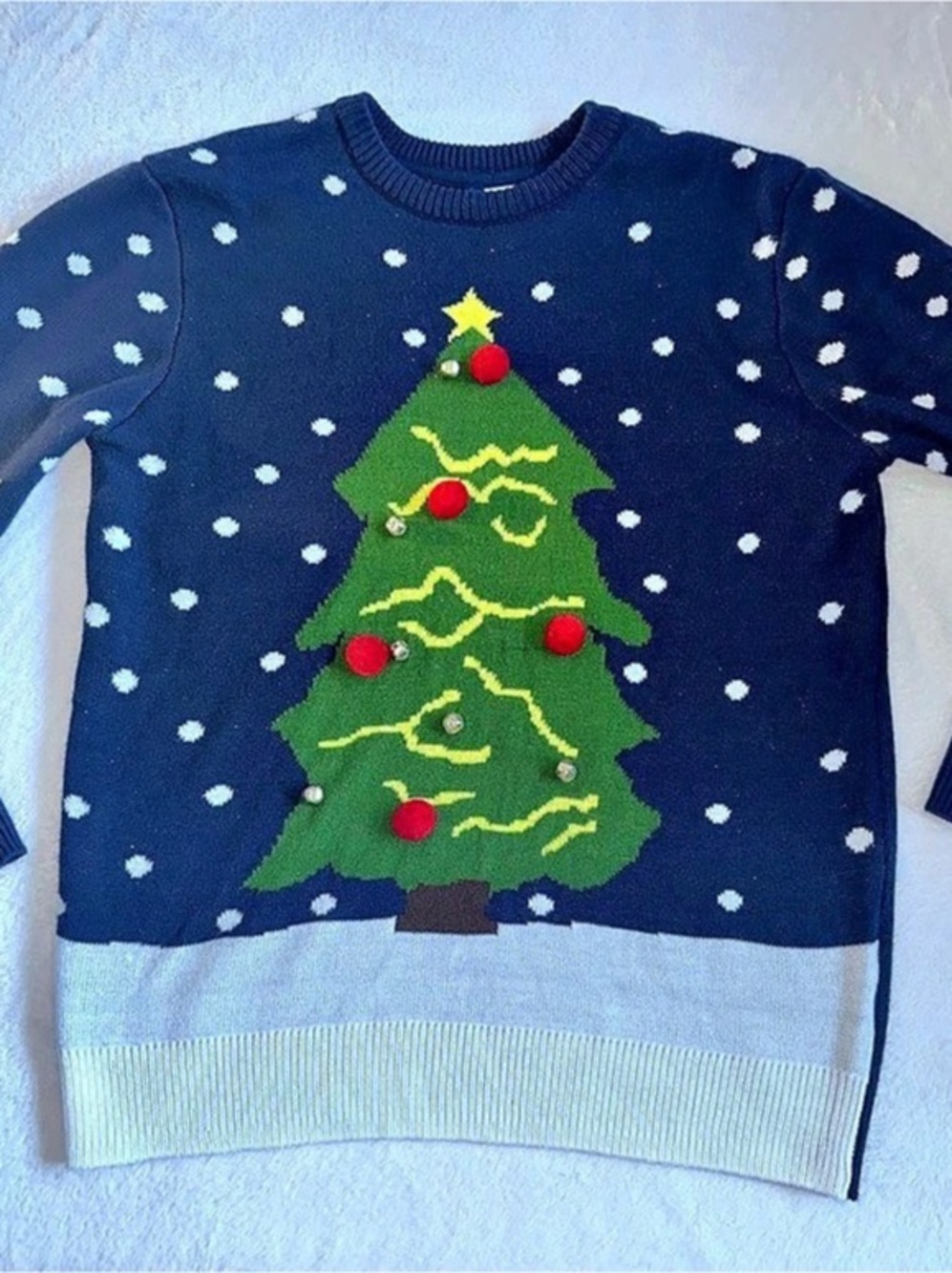 Womens H&M Divided Christmas Tree Sweater Size Medium M Bells Navy Blue